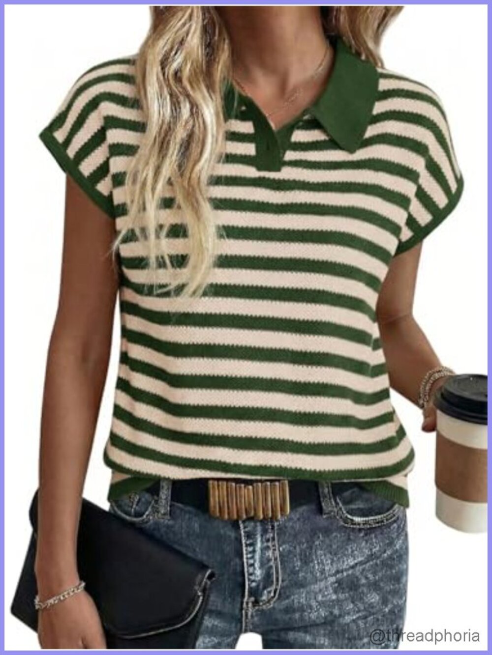 Women's Striped Polo Sweater Cap Sleeve Knit Pullover V-Neck Collared Summer Top
